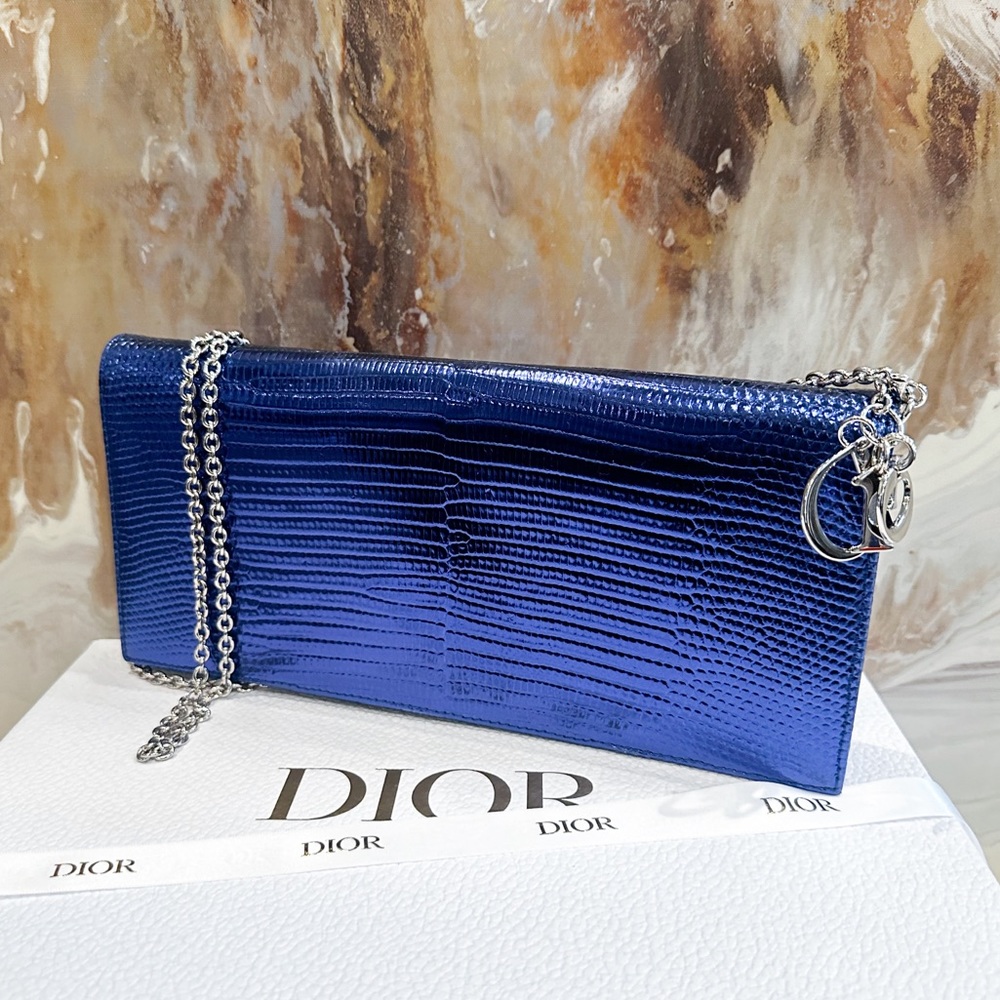 Dior Lizard Embossed Leather Blue Metallic Chain Lady Dior Clutch Chain Bag